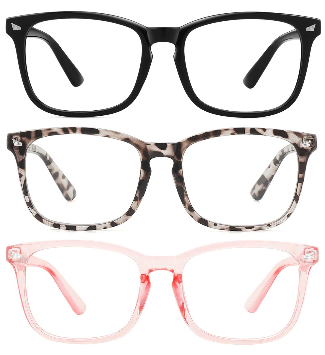 MEETSUN Blue Light Blocking Glasses, Anti Eye Strain Headache (Sleep Better),Computer Reading Glasses UV400 Transparent Lens (Black+Leopard+Pink / 3 PACK, 53)