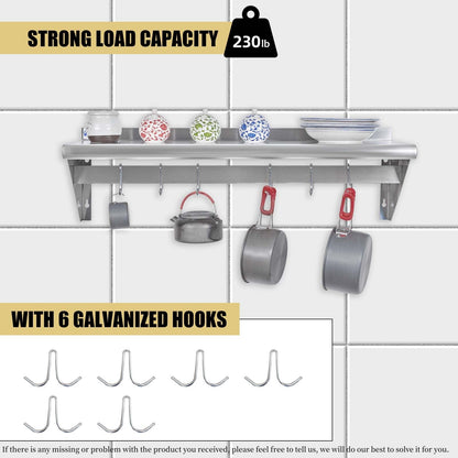 Hally Stainless Steel Shelf with 6 Hooks 12" x 36" Wall Mounted Pot Rack, NSF Commercial Floating Shelving for Storage Hanging Pots, Pans, cookware in Restaurant, Kitchen, Home and Hotel