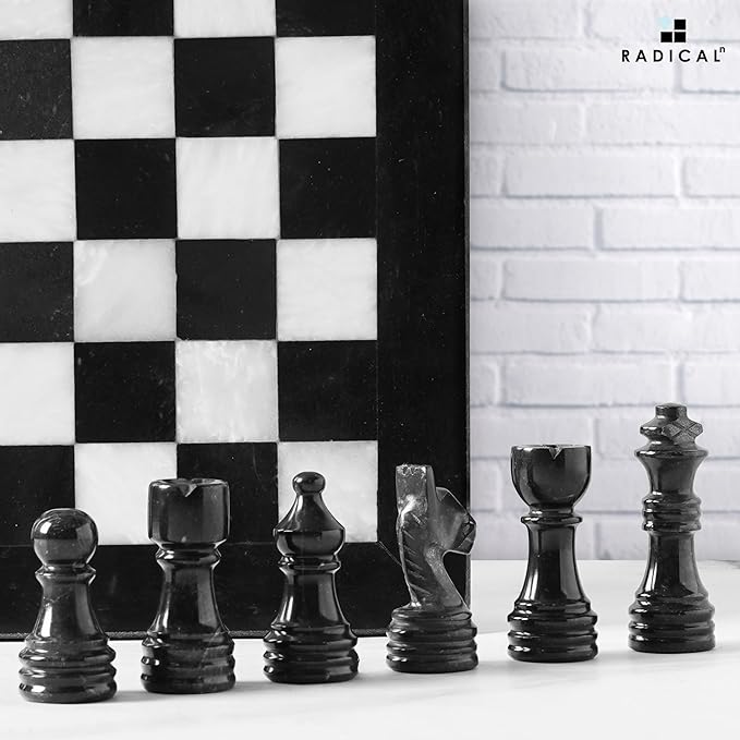 Radicaln Marble Chess Set 12 Inches Black and White Handmade Chess Game - 1 Chess Board &amp 32 Chess Pieces - Board Game for 2 Player Games - Adults Chess Sets