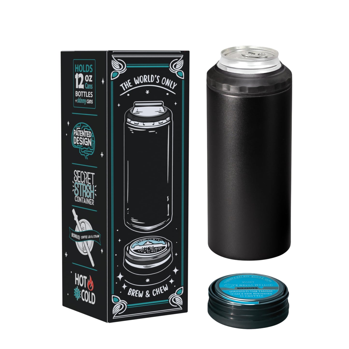 TheChewzie Universal Can Cooler with Hidden Storage - Fits 12 oz Cans & Bottles - Tobacco Can Holder - Stainless Steel, Black Universal Fit