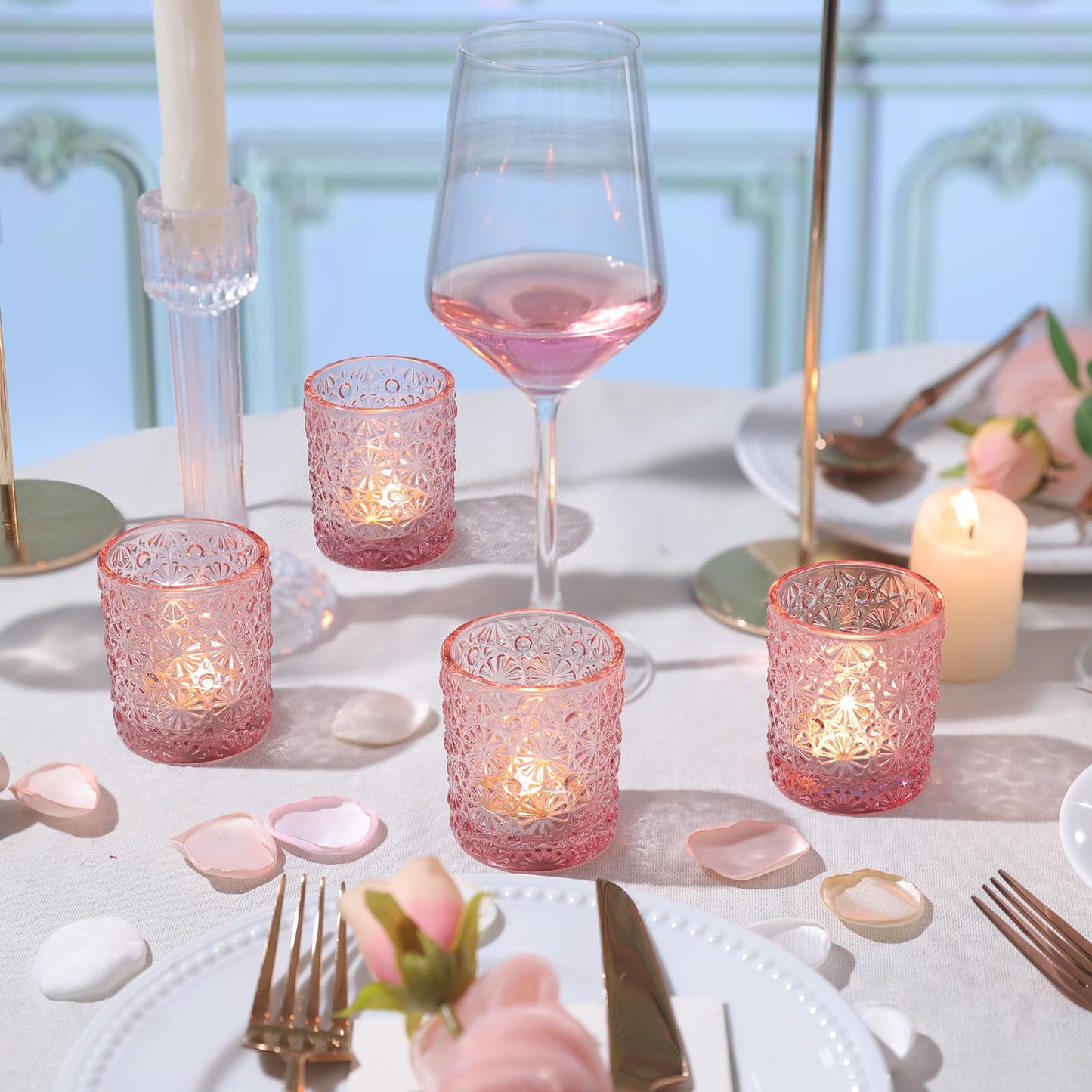 Lanttu 36 Pack Pink Votive Candle Holder, Flower Tea Lights Candles Holders for Wedding Table Centerpieces, Birthday Parties, Anniversary, Pink Bridal Shower and Holiday Decorations
