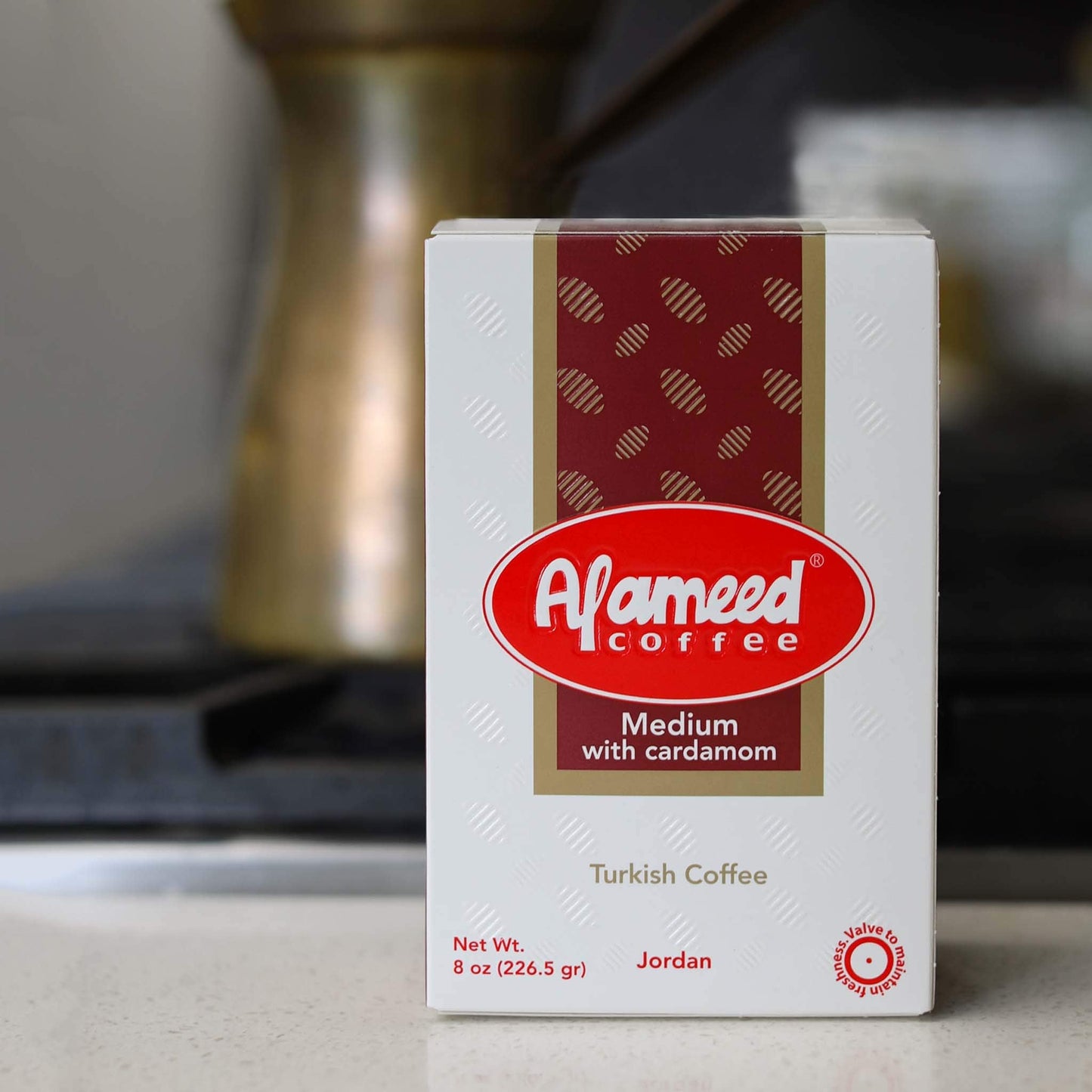 Al Ameed Gourmet Turkish Ground Coffee with Cardamom - 8oz - Authentic 100% Arabica Blend – Medium Roast Beans, Caffeinated – Smooth & Bright Flavor – Fragrant, Aromatic Finish