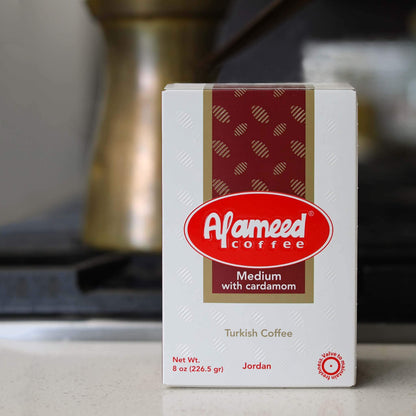 Al Ameed Gourmet Turkish Ground Coffee with Cardamom - 8oz - Authentic 100% Arabica Blend – Medium Roast Beans, Caffeinated – Smooth & Bright Flavor – Fragrant, Aromatic Finish