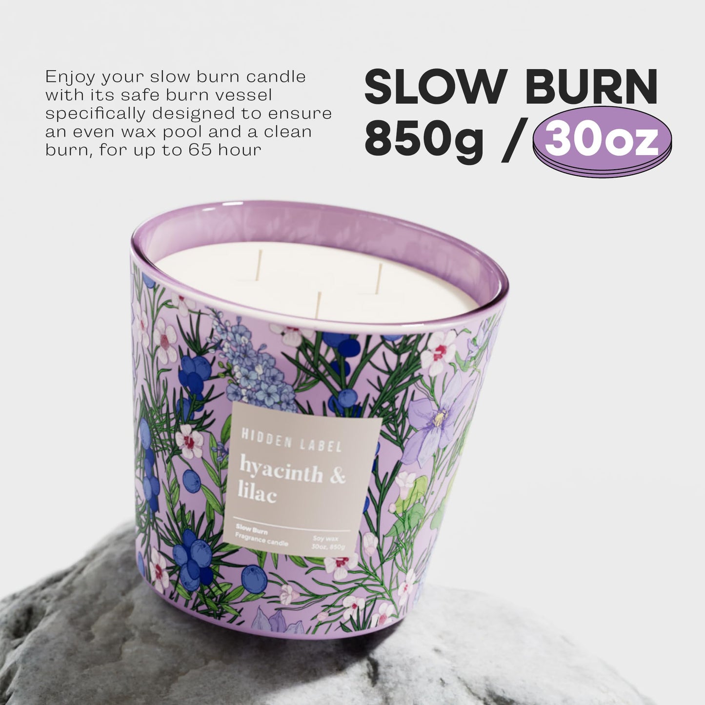 Hidden Label Large Soy Candle, Hyacinth Lilac Scented, 3 Wick 30oz, 100Hr Burn, Natural Non-Toxic Aromatherapy Stress Relief, Home Scent, Spa