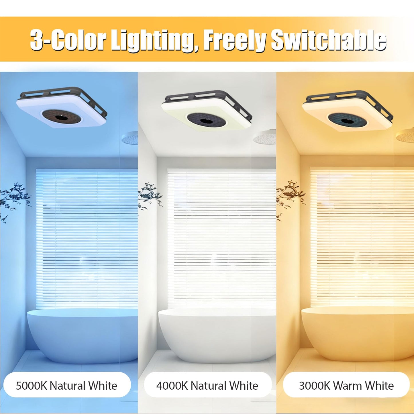 Bathroom Exhaust Fan with Bluetooth Speaker,Bathroom Fan Light,Plug&Play,230 CFM 1.0 Sone,Strong Wind Force&Quiet,Noise-cancelling Bluetooth dual speakers,7color dynamic&3color lighting,3year warranty