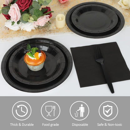 Black Paper Plates and Napkins, Disposable Black Party Plate Include 7&9INCH Plates Cups Napkins Forks Party Supplies for Father‘s Day, Graduations, Retirement, Birthday, Halloween for 25 Guests