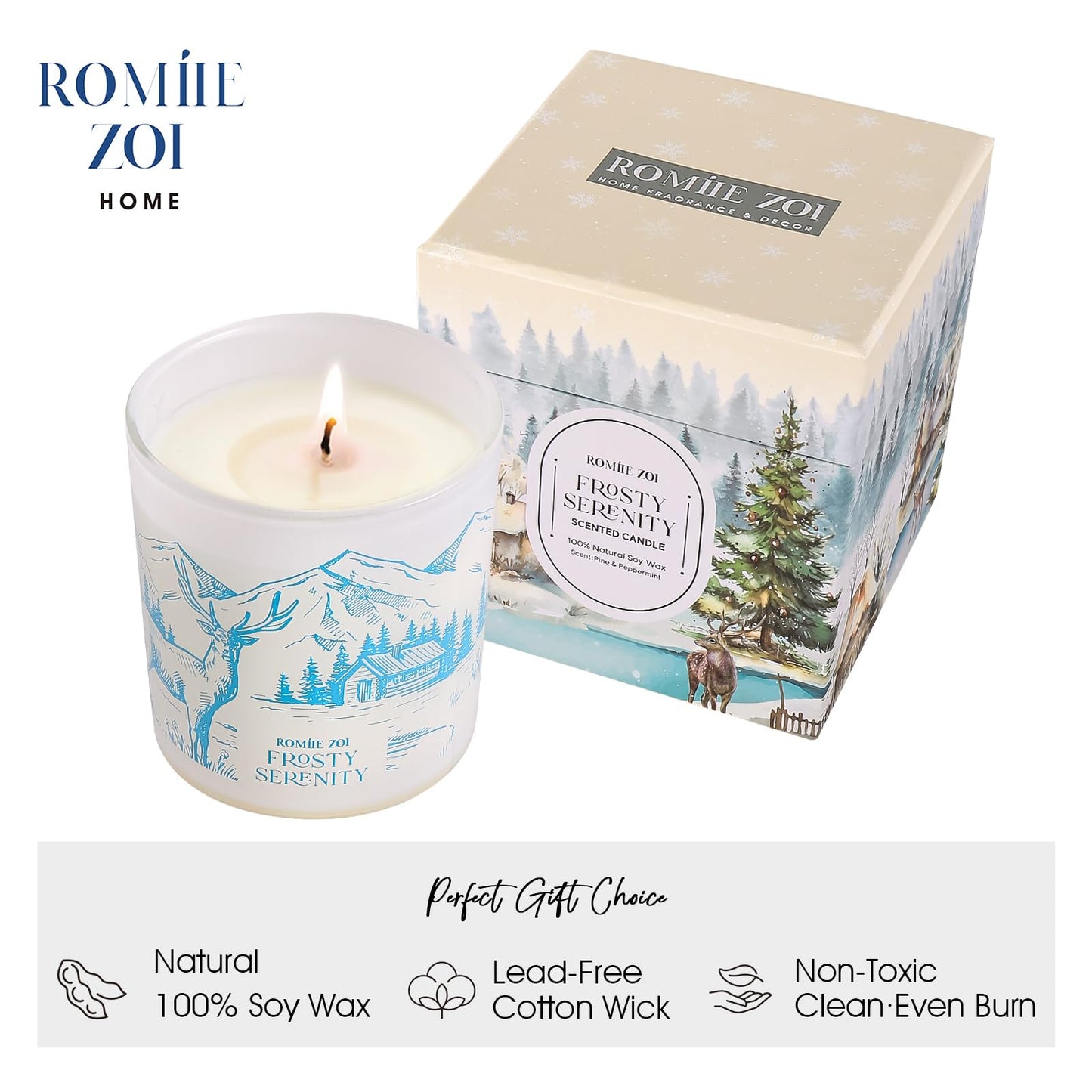 ROMIIE ZOI Christmas Scented Jar Candle - 6oz Soy Wax Candle - Frosty Serenity Infused with Frosted Mint & Fir Aroma - with Beautiful Keepsake Box Special for Christmas/Holiday Gifts
