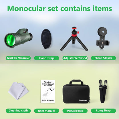 Pankoo 12x60 HD Monocular Telescope for Adults | Comes with Smartphone Adapter Tripod Hand Strap | Suitable for Bird Watching Sports Hiking Traveling