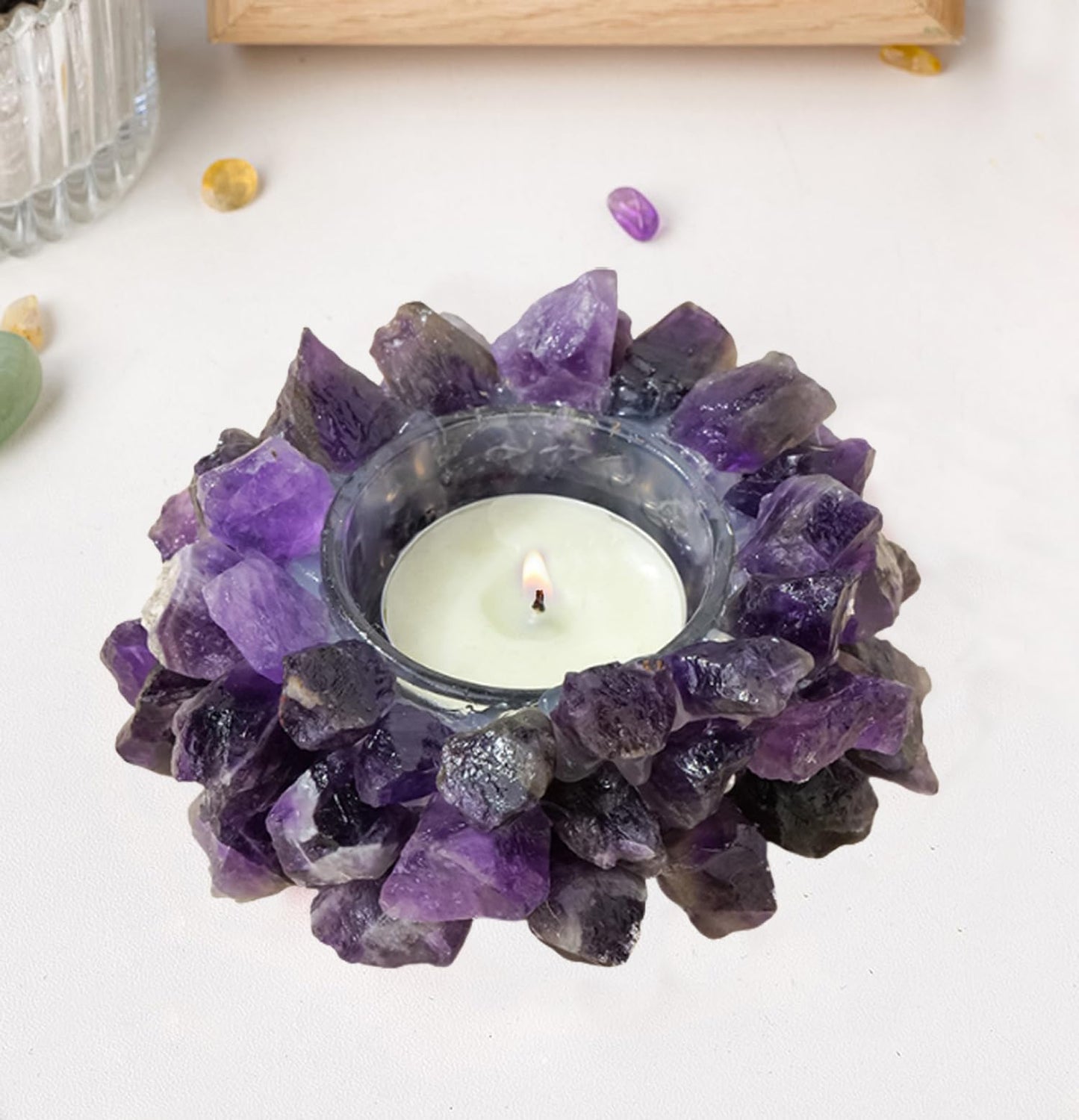 Erliway Natural Raw Dream Amethyst Crystals, Raw Crystal Tealight Candle Holder Crystal Stone Candle Stand High Energy Geode Votive with Healing Effects (Not Included Candle)
