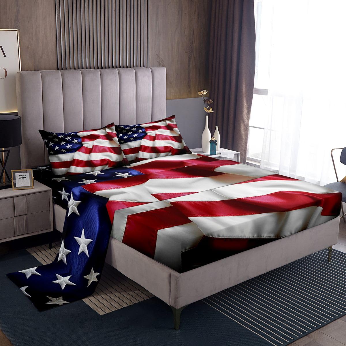 Erosebridal United States Sheet Set Teens American Flag Fitted Sheet Queen, Blue Red Bedding Set Geometric Stripes Bed Sheet with Deep Pocket, 4 Pcs with 1 Fitted Sheet, 1 Flat Sheet, 2 Pillow Cases
