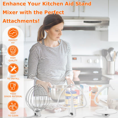 3 Pack Mixer Attachments for Kitchen Aid 4.5-5 Quart Tilt-Head Stand Mixers, Heavy-Duty Metal,Includes K45DH Dough Hook, K45B Flat Beater,K45WW Wire Whip, Dishwasher Safe Replacement Kit by TOMOON