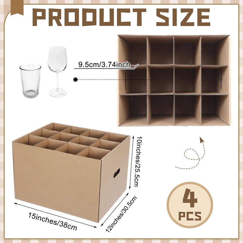 Feifeiya 4 Pack Wine Glass Moving Boxes Kitchen Moving Boxes with Handle Kitchen Kit with Lid for Dish Glassware(Brown,15 x 12 x 10 Inches)