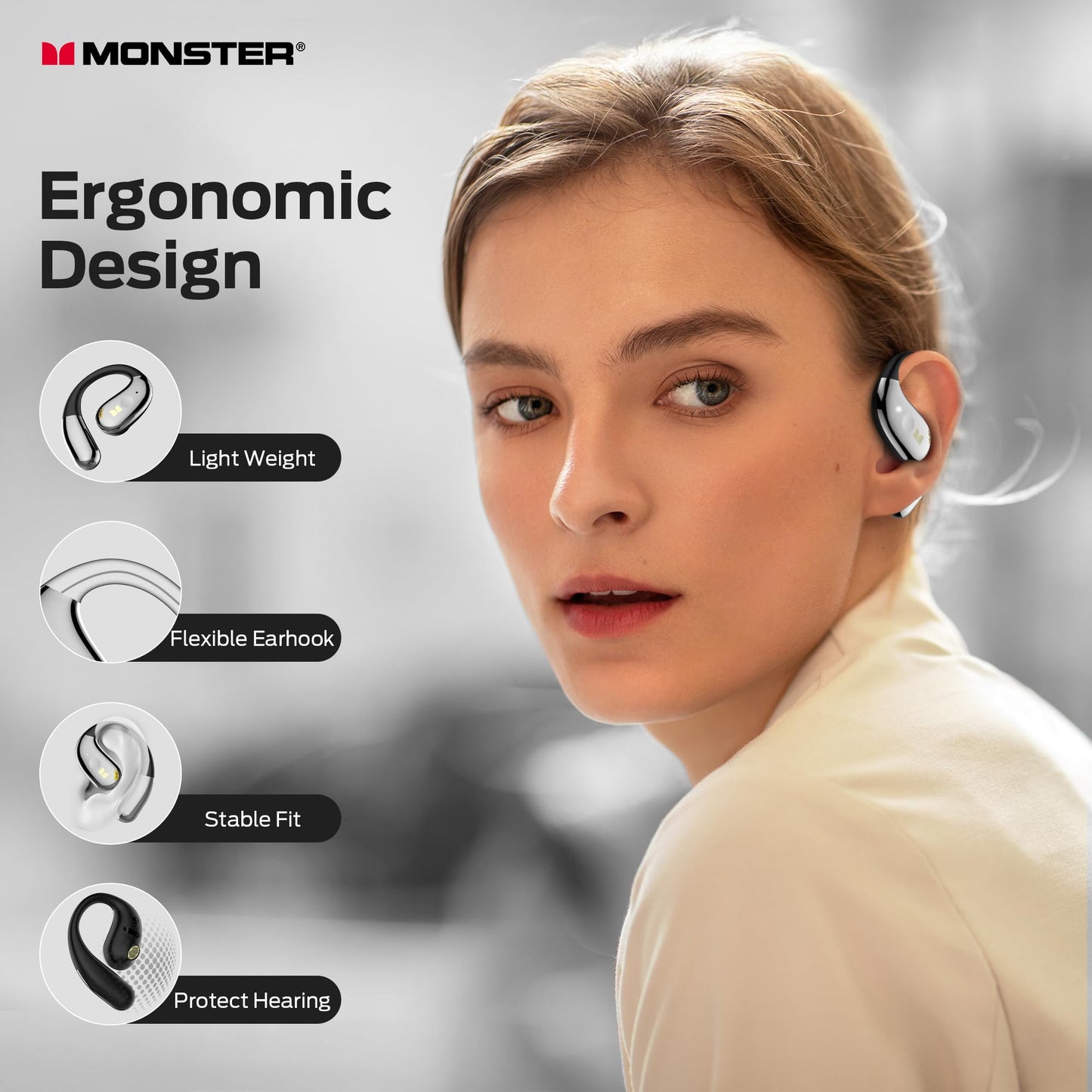 Monster Open Ear AC360, Wireless Bluetooth Rotary Earphone, with Lanyard, Upgraded Bluetooth 6.0, Touch Control, 24h Long Battery Life, IPX5 Waterproof,Long-Lasting Wear Without Fatigue（Black）