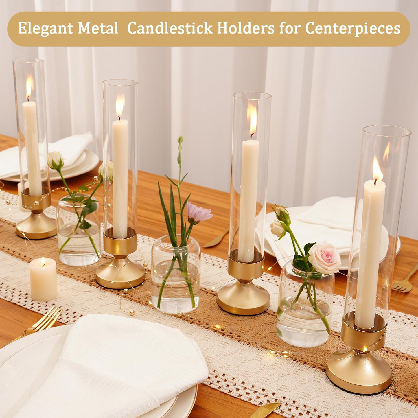 Hurricane Glass Candle Holders, Set of 6 Metal Taper Candlesrick Holders for Centerpieces Tall Gold Candle Stands Bulk with Glass Cylinder for Wedding Birthday Party Table Decor