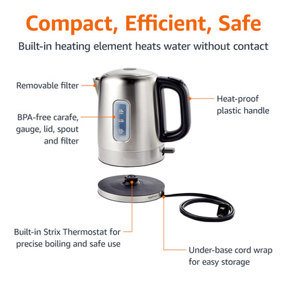 Amazon Basics Electric Stainless Steel Kettle for Tea and Coffee, BPA-Free, Fast Boiling, Auto Shut-Off, 1 Liter, 1500W, Black and Silver