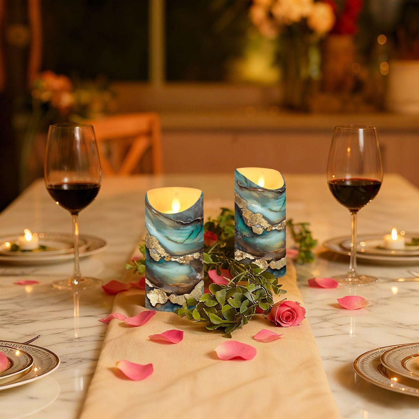 famyily Christmas Tabletop LED Candles Set of 2 Long Lasting Battery Operated Candles for Wedding Table Centerpieces 3.9x3in - Marble Brown Turquoise