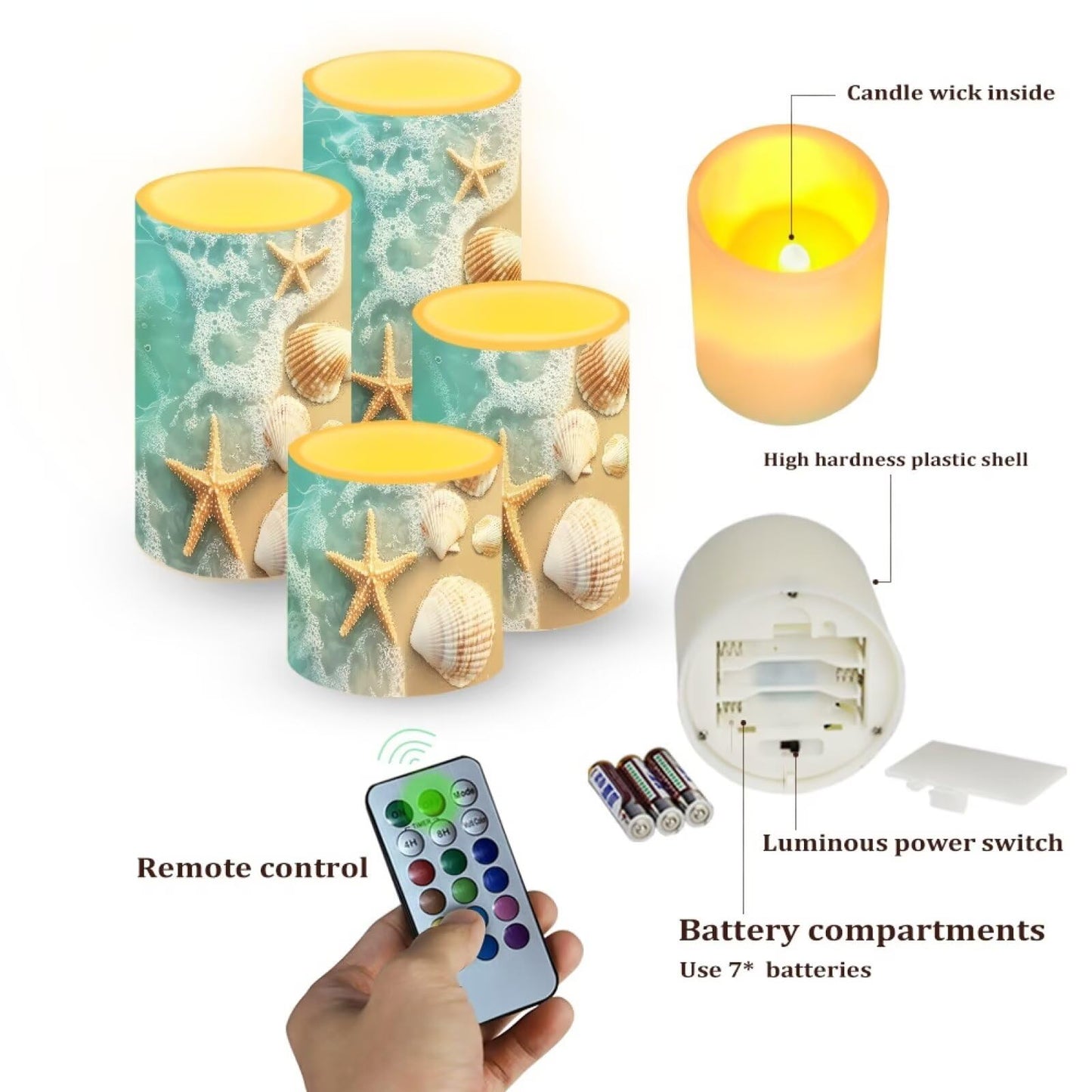 Merkmak Battery Operated Flameless Candles with Remote and Timer Flameless LED Pillar Candles for Camping, Weddings, Coastal Home Decoration Battery Tealights, Beach Starfish Shell
