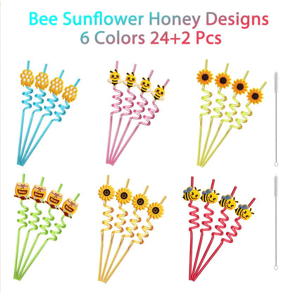 24 Bee Party Favors Bee Sunflower Honey Drinking Straws Goodie Gifts for Kids Birthday Party Supplies with 2 PCS Cleaning Brushes