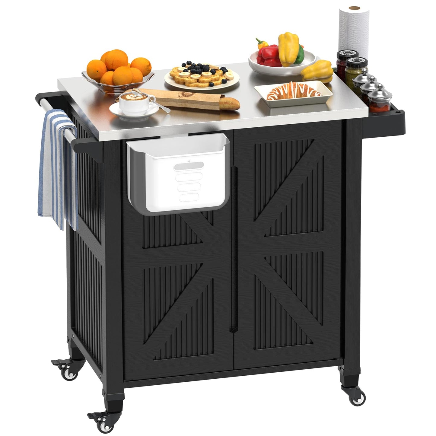 evixor Outdoor Grill Cart with Stainless Steel Tabletop, Outdoor Kitchen Island with Storage Cabinet, Grill Cart with Folding Trash Can, 4 Wheels (2 Lockable) for Patio, Backyard, Garden and Poolside