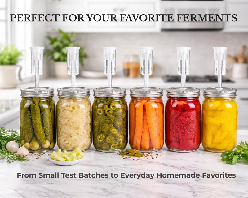 Jillmo Fermentation Lids for Wide Mouth Mason Jars, Stainless Steel Auto Venting Fermenting Lid Kit with Airlocks & Silicone Grommets for Pickles, Kimchi & Sauerkraut, 4 Pack, No Jars Included
