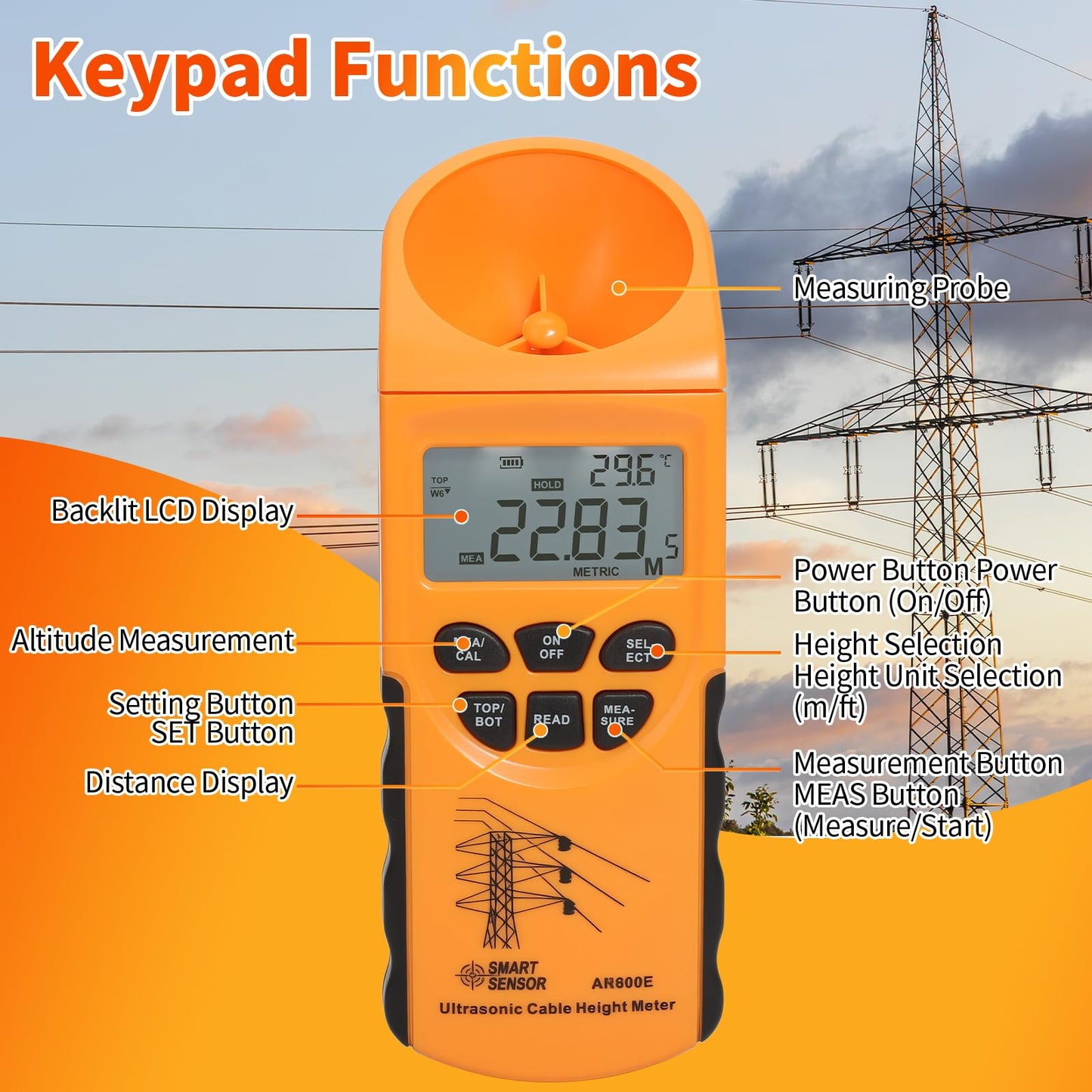 CHENNTAI Ultrasonic Cable Height Meter, 6-Cable Height Measuring Instrument 3-23m LCD Display, Portable Cable Tester Kit with Case