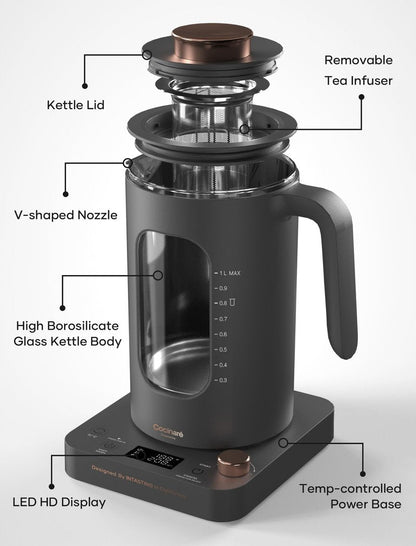 Electric Tea Kettle, INTASTING Glass Electric Kettle with tea Infuser and Precise knob temperature control, 1200W Fast Heating, BPA-Free, Easy to Clean, 1 Liter (Dark Gray)
