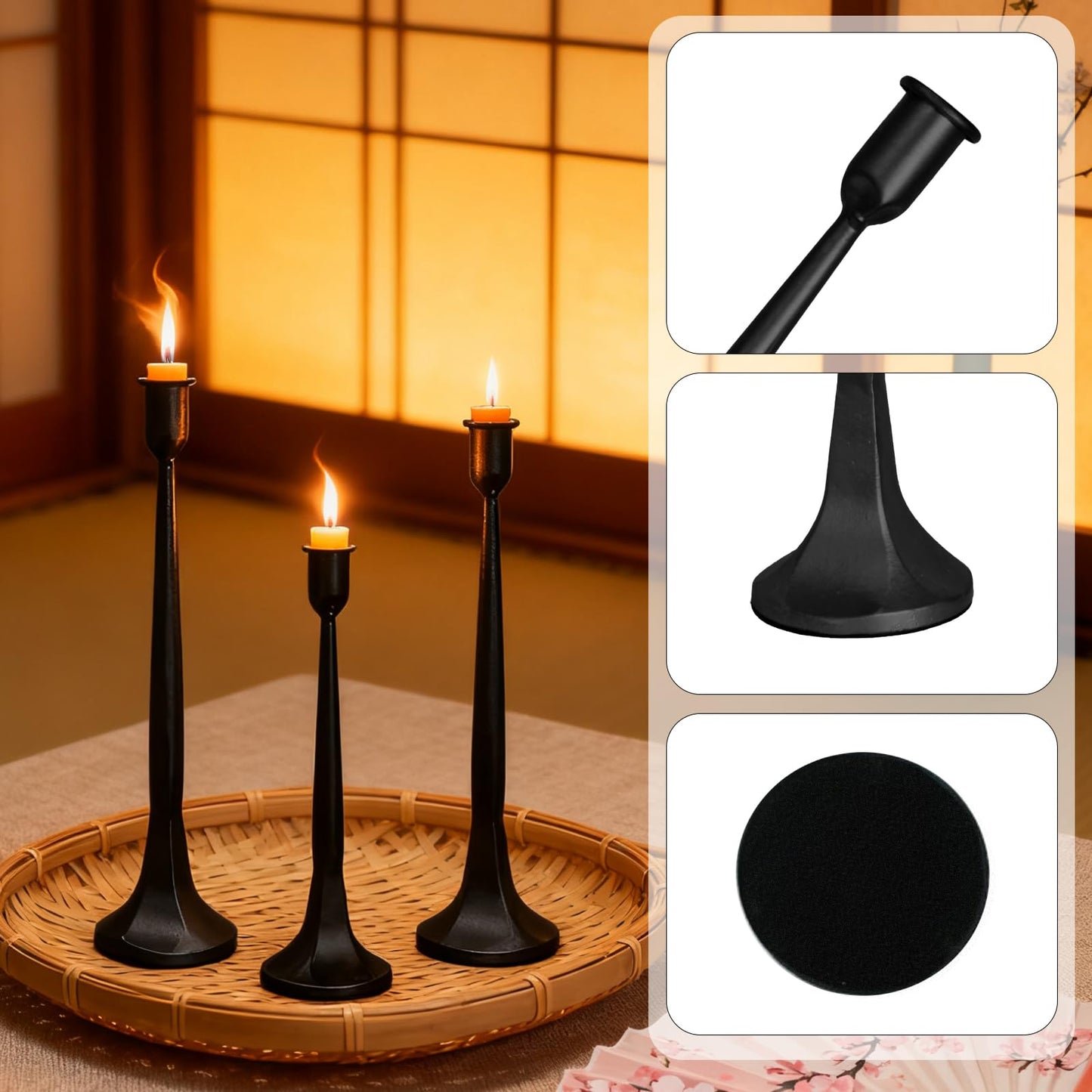 Set of 3 Black Iron Candlestick Holders – Tapered Candle Holders for 3/4" Candles, Tall Candle Stick Set for Dining Table, Wedding, and Home Décor