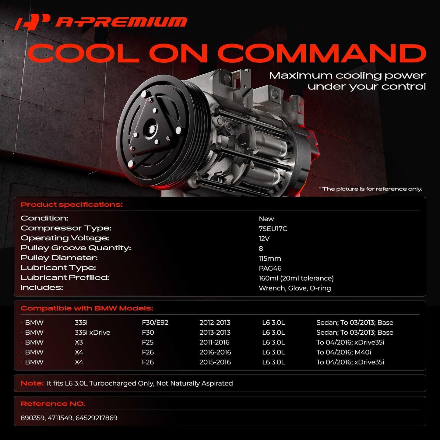 A-Premium A/C Compressor with Clutch Compatible with BMW 335i 3.0L 2012-2013, 335i 3.0L xDrive 2013, X3 3.0L 2011-2016, X4 3.0L 2015-2016