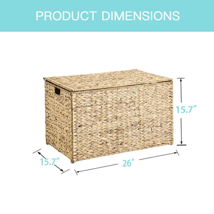 MOORLITER Water Hyacinth Storage Basket with Lid, 42.3 Gallon (160L) Wicker Storage Trunk with Handles, Handwoven Wicker Storage Bin for Blanket, Foldable, for Living Room, Laundry Room, Natural
