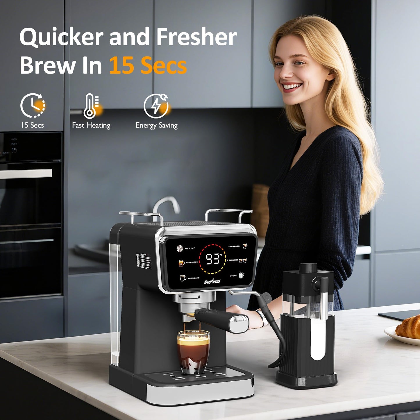 SUNVIVI 20 Bar Espresso Machine for Home and Office, 3-in-1 Iced Coffee Maker with Milk Frother, Espresso Shot & Iced Coffee, LED Touchscreen, 52OZ Removable Water Tank, Professional Coffee Brewing