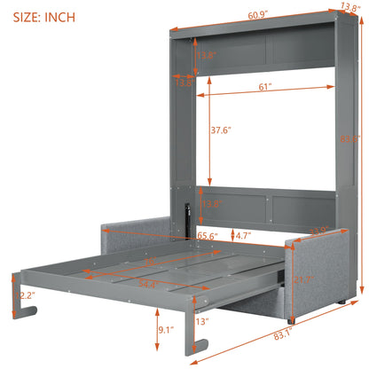 Ball & Cast Murphy Bed Full Size Wall Bed with Sofa,can be Folded,Multifunctional Wood Hideaway Cabinet Bed Frame,Slat Support,Save Space,for Apartment,Guest Room,Gray