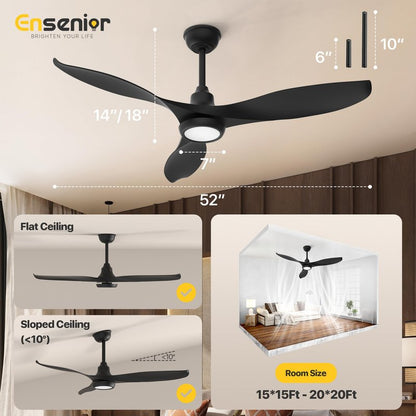 Ensenior 52 Inch Smart Ceiling Fans with Lights and Remote, Control via Alexa Google Voice App, 3000K-6000K Dimmable LED 6-Speed Reversible DC Motor Black Ceiling Fan for Bedroom Living Room, 3 Blades