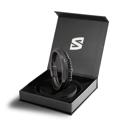 SERASAR 8″ Black Leather Bracelets for Men Mens Cowhide Gift Box Braided Bracelet Stainless Steel Jewelry Wrist Band Cuff Wrap Rope Bangle Dad Man Pulseras para Hombres Cuero Regalo