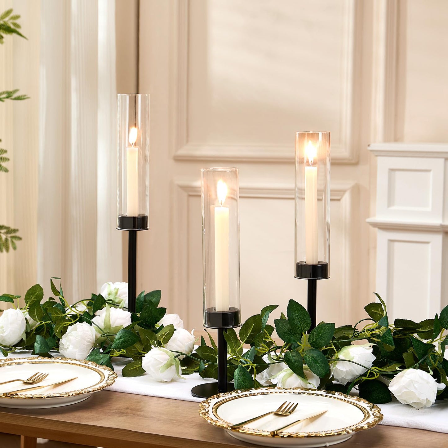 Black Hurricane Glass Candle Holders Set of 6, Tall Metal Taper Candle Stick Holder, Clear Candlestick Holders, Table Centerpieces Decor for Dining Dinner, Weddings, Christmas Fireplace Decorations