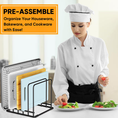 Kitchen Organizer Rack - 5-Slot Heavy-Duty Cutting Board and Bakeware Holder, Rust-Resistant with Anti-Slip Feet for Countertop or Cabinet Storage