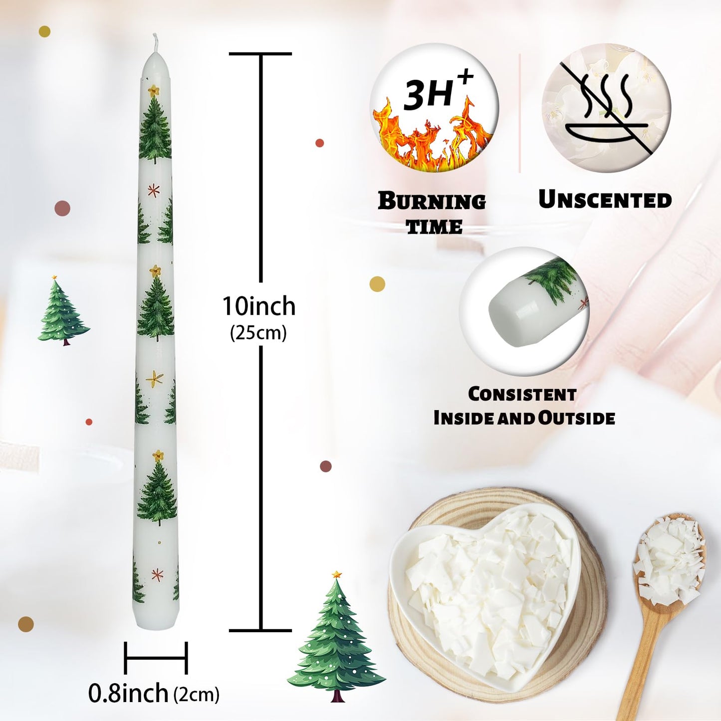 Floral Taper Candles 10 Inch Tall Unscented Handmade Christmas Trees Print Long Burning Elegant Candlesticks for Holiday Decor Gifts
