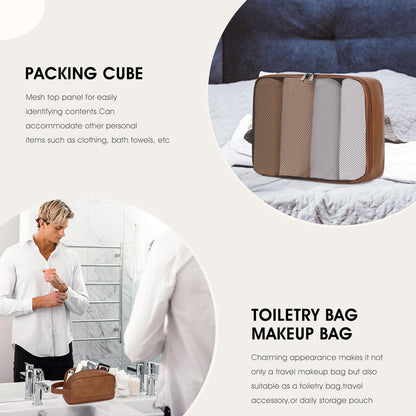 Wogarl 3PCS Faux Leather Weekender Bag for Women Men Large Overnight Bags Travel Duffel with Shoe Compartment Toiletry Packing Cube Carry On Tote Fit 21" Laptop(Light Brown)