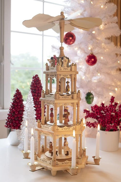 Clever Creations Beige Four-Tier Carousel | 22-Inch Traditional Wooden Christmas Pyramid Decoration