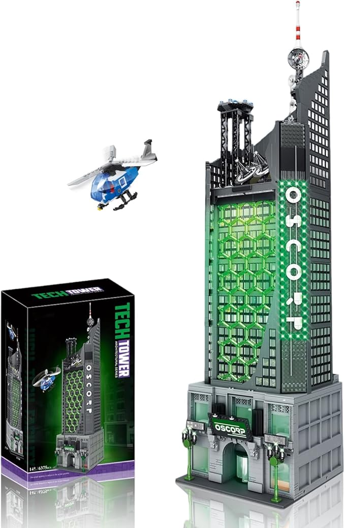 Spider Oscorp Tower Building Set for Adults - 40 Inch Tall Hero Tower Modular Building with Light &amp Helicopter Movie Daily House Architecture Gift for Christmas Collectors (6375 Pcs)