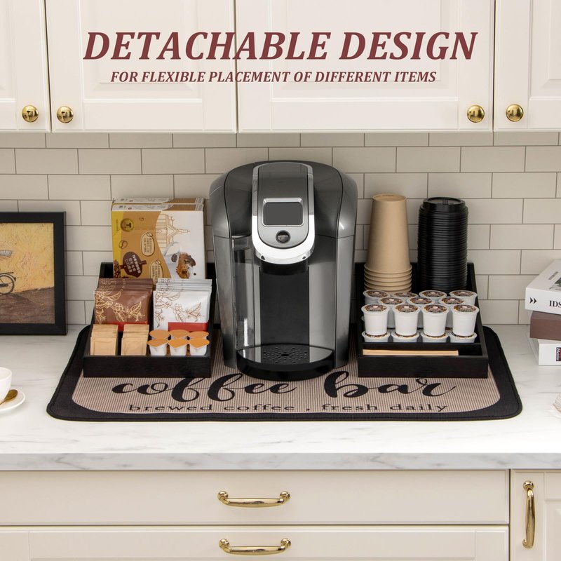ANBOXIT Coffee Station Organizer for Countertop, Condiment Service Organizer, Coffee Bar Supplies Caddy for Home, Office and Breakroom - Wooden, Black, 9 Compartment, Two-in-One