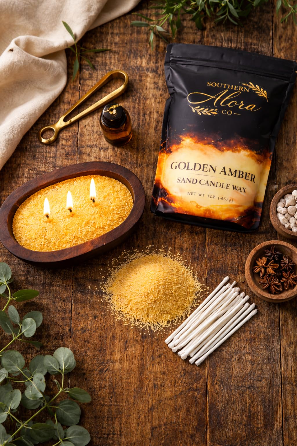 Candle Sand with 10 Wicks – 1 LB Refillable Candle Wax for DIY Candles, Wedding Centerpieces, Home Decor, Candle Making Kit, Candle Sand with Wicks – Golden Amber