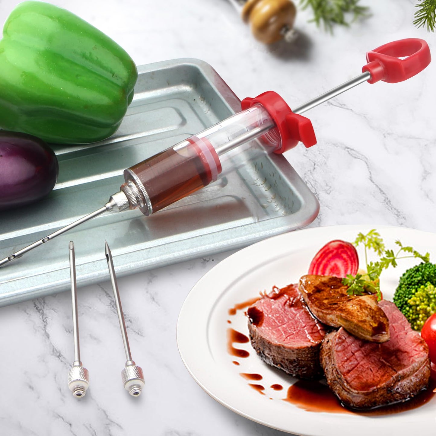 TGE-V 1-oz Plastic BBQ Marinade Injector Kit, Turkey Injector Syringe (3 Stainless Steel Meat Needles + 3 Replacement O Rings + 1 Cleaning Brush) for Smoked BBQ Grill
