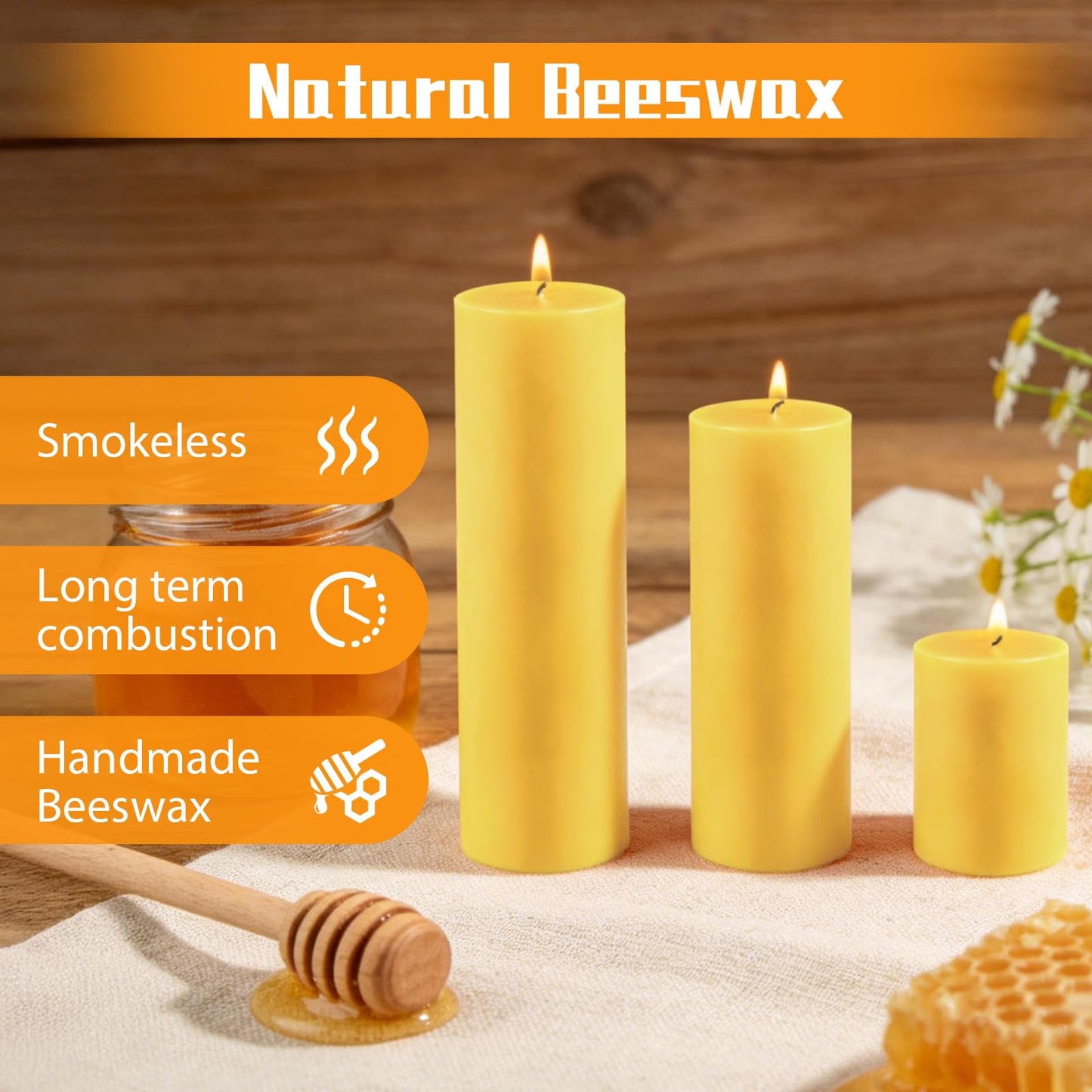 CHICERA 12 Pack Pure Beeswax Pillar Candles, 2x3/6/8 Inch, Natural Mild Honey Scent, Long Burning, Smokeless & Dripless for Home Decor & Prayer