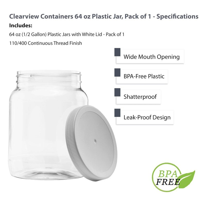 CLEARVIEW CONTAINERS Plastic Storage Jars with Leak Proof Lids, BPA Free, Hand Wash Only (64oz, 1PK White)
