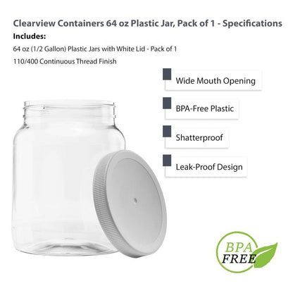 CLEARVIEW CONTAINERS Plastic Storage Jars with Leak Proof Lids, BPA Free, Hand Wash Only (64oz, 1PK White)