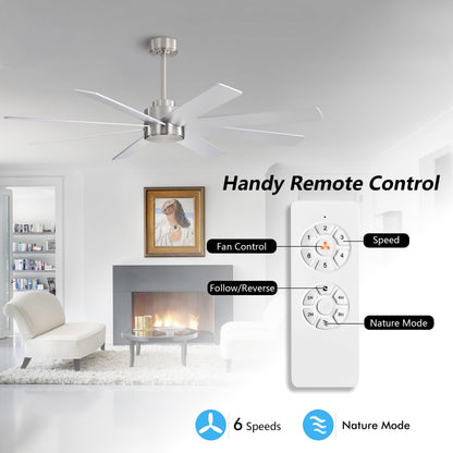 WINGBO 72" Large DC Ceiling Fans without Lights, 3 Downrods, 8 Plywood Blades, 6-Speeds Reversible DC Motor, Indoor Ceiling Fan No Lights for Bedroom Living Room Patio, Brushed Nickel and Silver