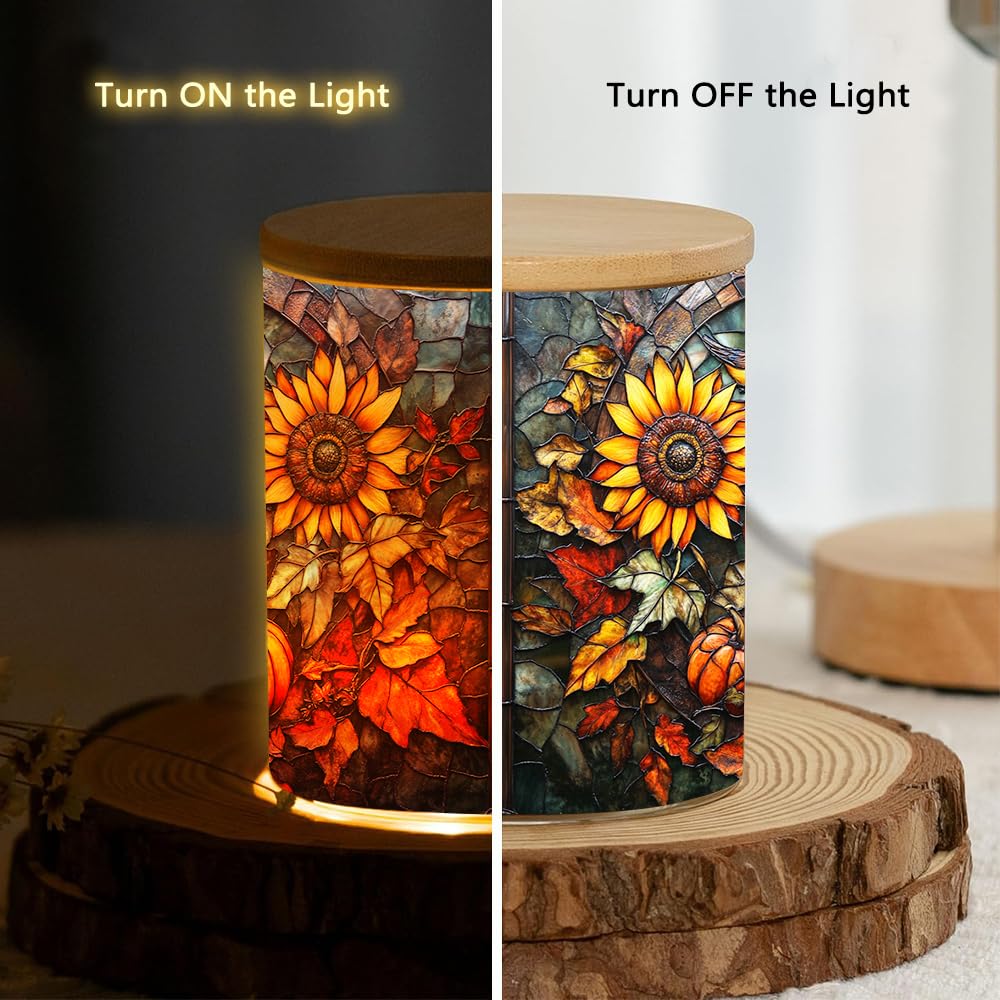Pumpkin Sunflower Stained Glass Tealight Candle Holder, Autumn Harvest Decorations Candle Jar Tea Light Holder, Tealight Holders Candlesticks Gift for Halloween Christmas Thanksgiving, 3.5x2.8in