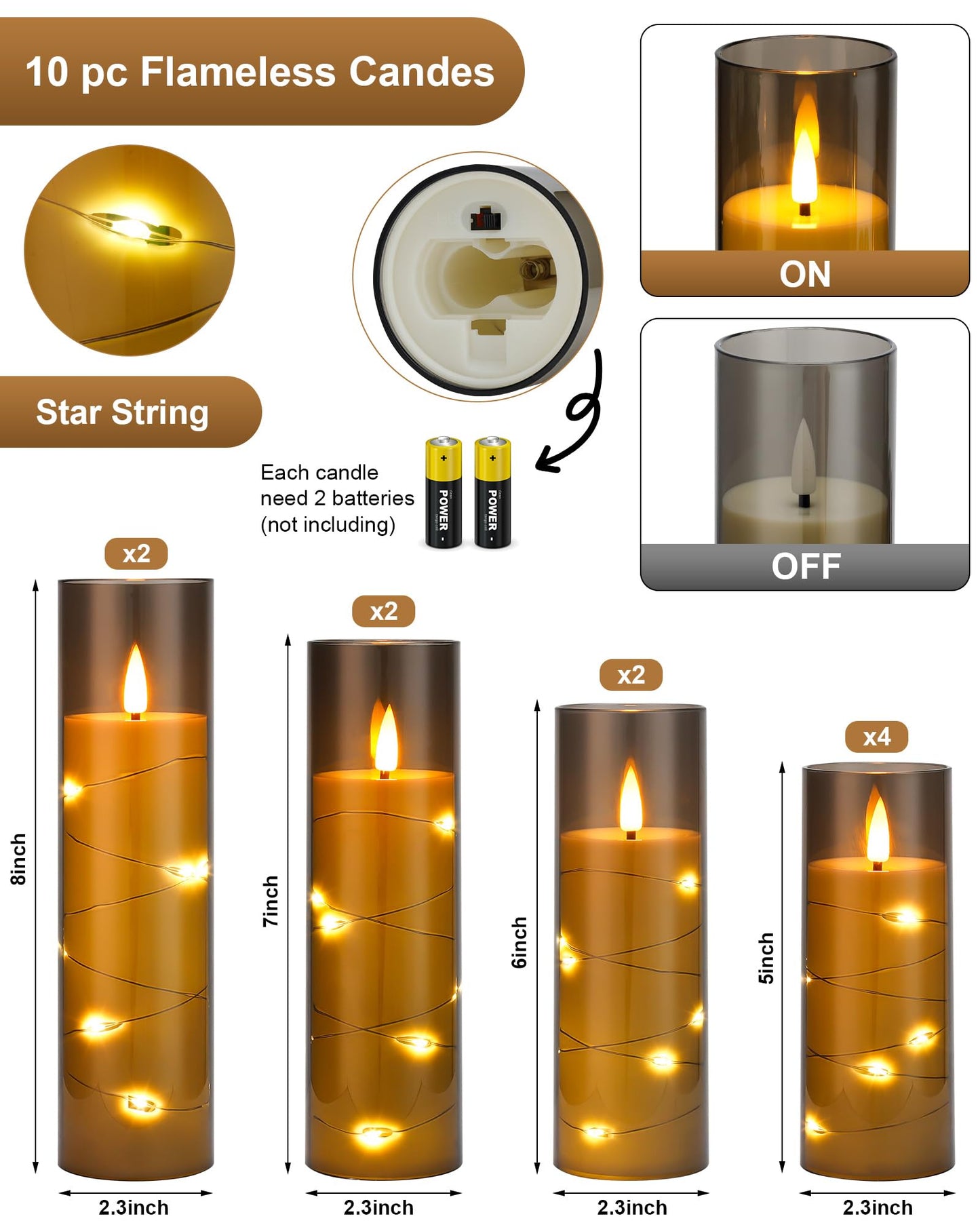 Enido Flameless LED Candles with Remote & Timer, Battery Operated Acrylic Pillar Set, 5 Pc Flickering Electric Lights with Embedded Star String for Cozy Home & Holiday Romantic Decor (Grey)
