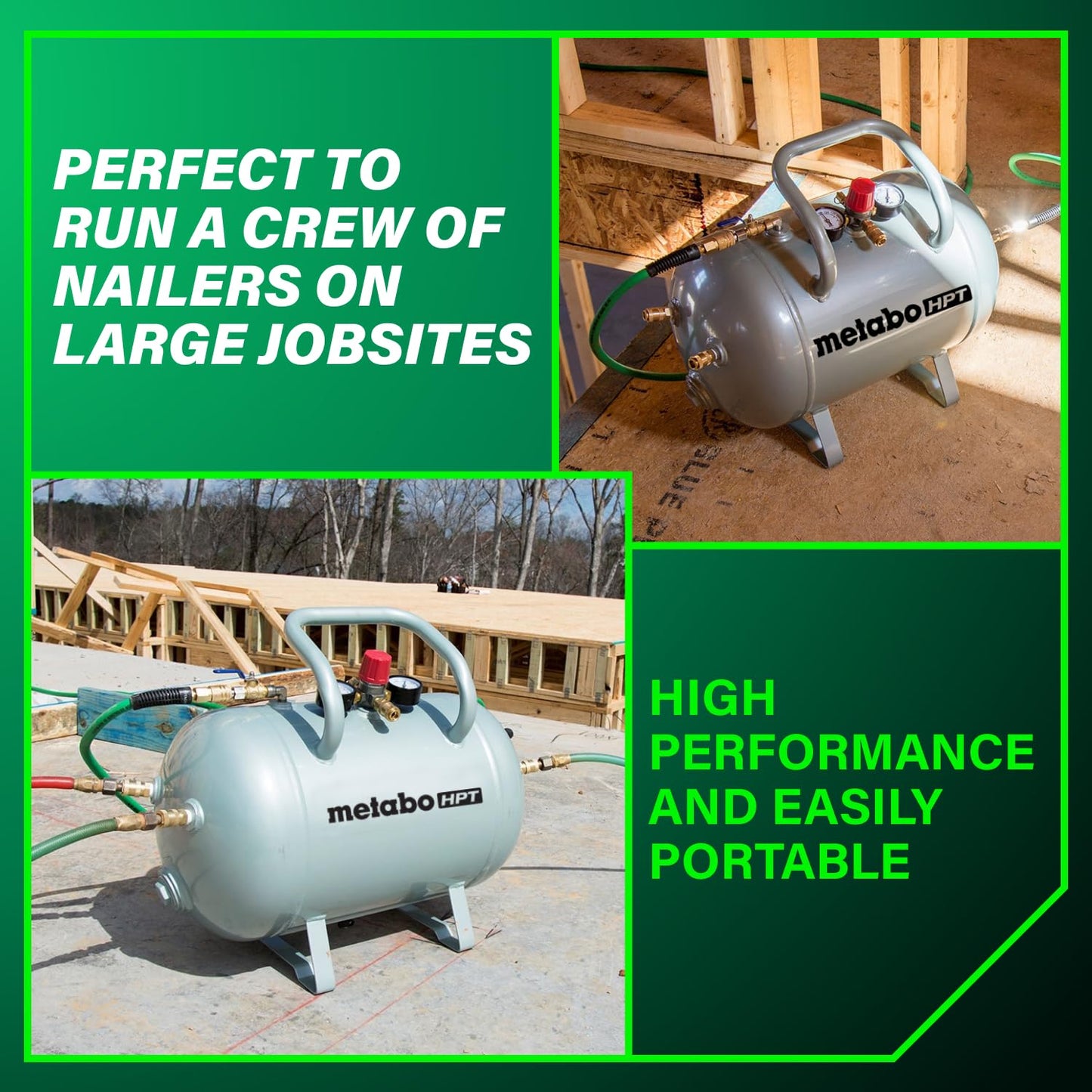 Metabo HPT Reserve Air Tank, High Capacity 10 Gallon Air Tank, ASME Certified, 5 Quick Connect Couplers, Industrial Pressure Gauges, Angled Steel Legs for Stability, UA3810AB