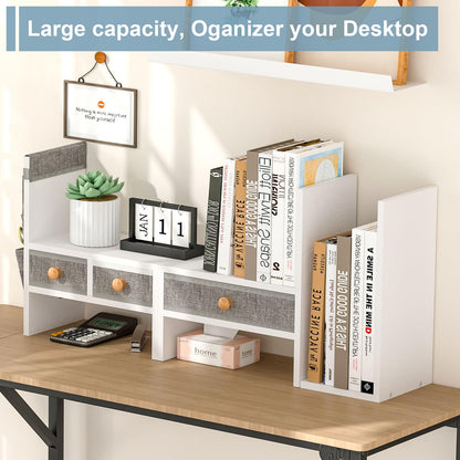 X-cosrack Adjustable Desk Shelves for Storage, Desktop Bookshelf with 3 Drawers, White Wood Desk Shelf for Top of Desk, Corner Desktop Organizer for Women Office
